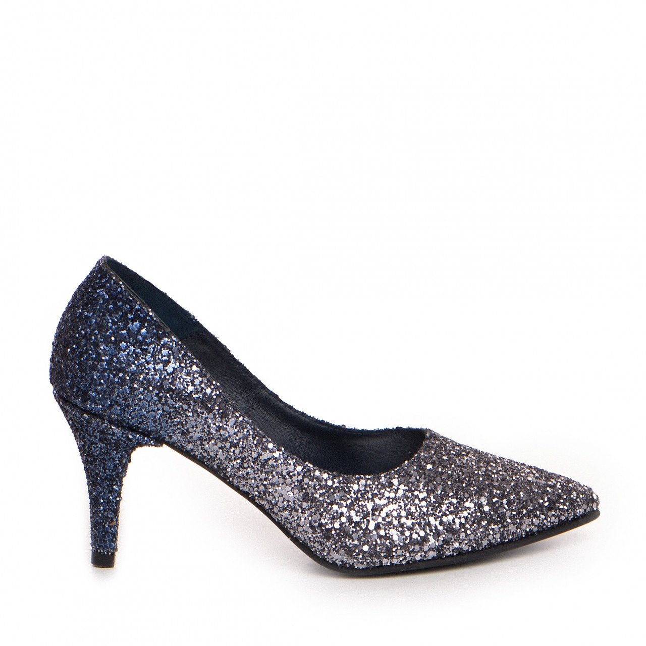 Pantofi Stiletto cu toc mic Corina, Glitter argintiu cu albastru marin - 1 | YEO