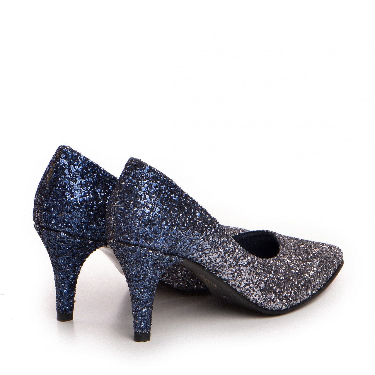 Pantofi Stiletto cu toc mic Corina, Glitter argintiu cu albastru marin - 2 | YEO