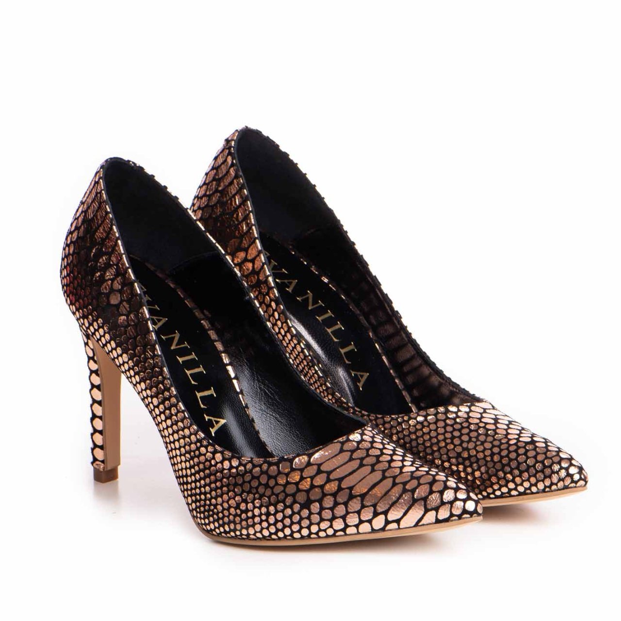 Pantofi Stiletto cu toc Eva Snake Print Sampanie - 1 | YEO