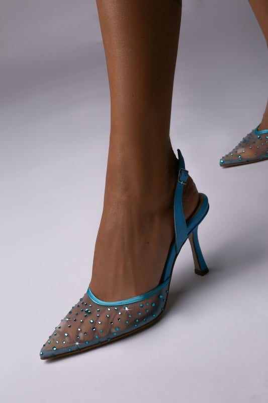Pantofi Crystelle piele naturala bleu cu toc evazat si cristale