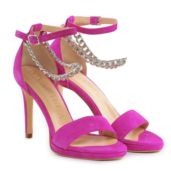 Sandale Carina cu toc mic subtire, piele naturala intoarsa, fucsia