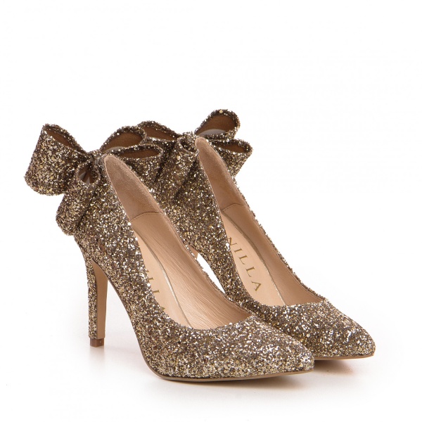 Pantofi Stiletto cu toc mediu Cleopatra, sclipici auriu