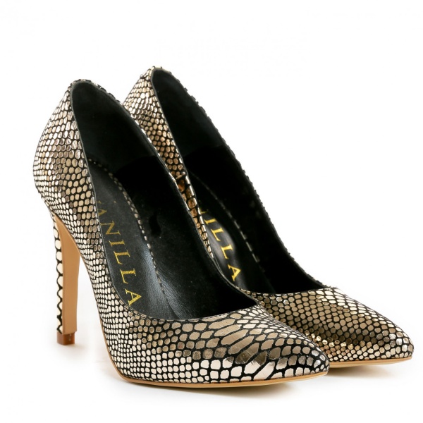 Pantofi Stiletto cu toc subtire Eva, imprimeu sarpe, aurii
