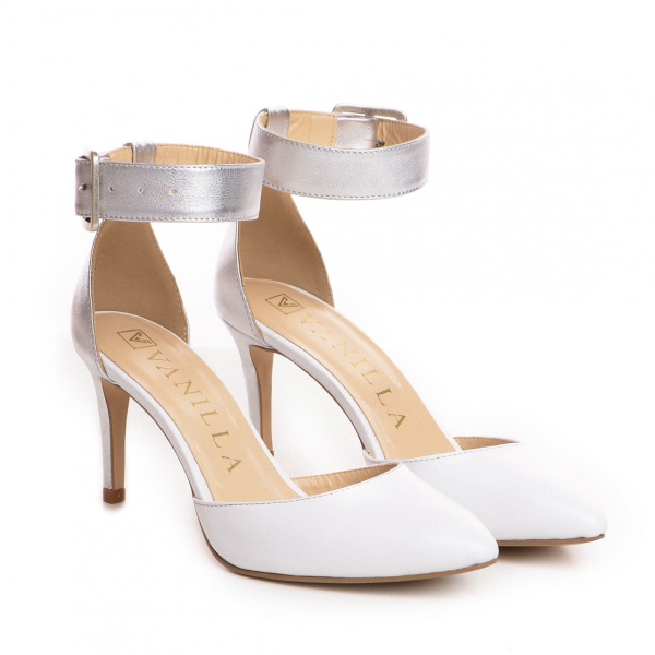 Pantofi Stiletto cu toc mic Adal piele naturala, albe cu argintiu
