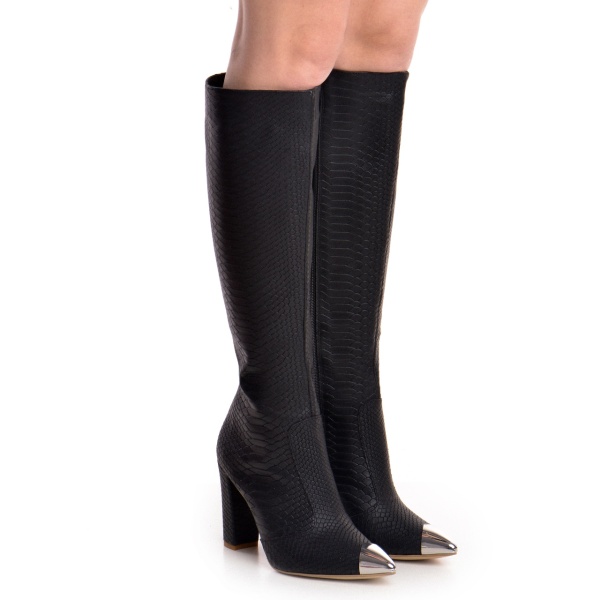 Cizme Valerie cu toc gros, piele naturala imprimeu, negre cu accesorii argintii
