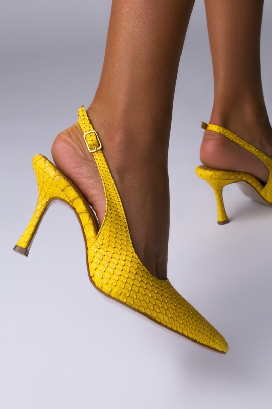 Pantofi Stiletto cu toc evazat Solar Venom, piele naturala piton, galben