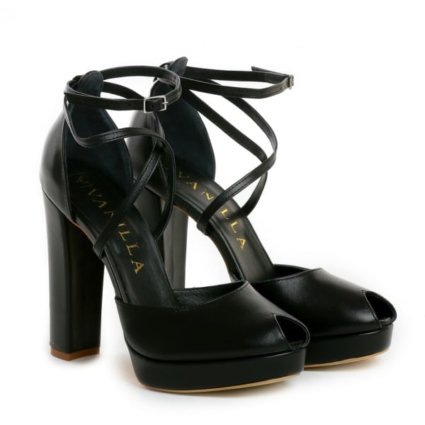 Sandale Fabiana cu toc gros, piele naturala, negre