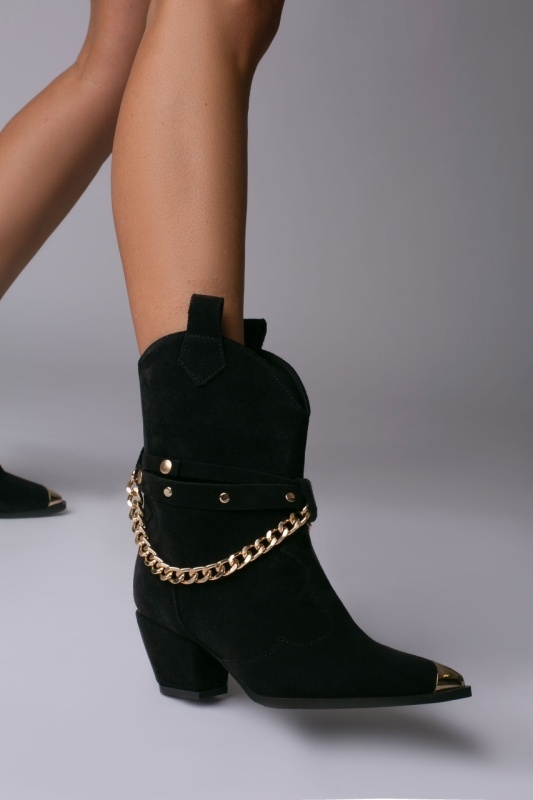 Ciocate Bushra Piele Intoarsa Neagra cu Accesorii Aurii