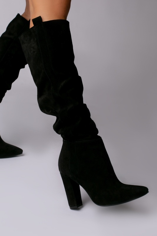 Cizme Sandy Dune Mirage cu toc inalt, gros, piele naturala intoarsa de culoare neagra