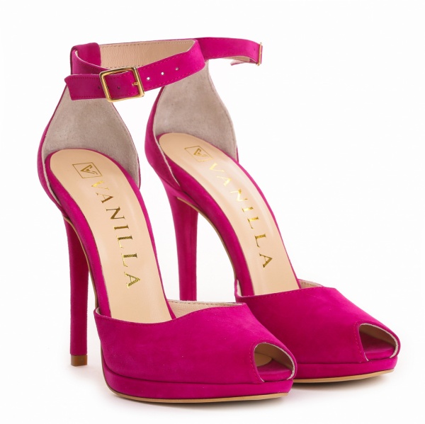 Sandale Beijing cu toc subtire, piele naturala intoarsa, fucsia