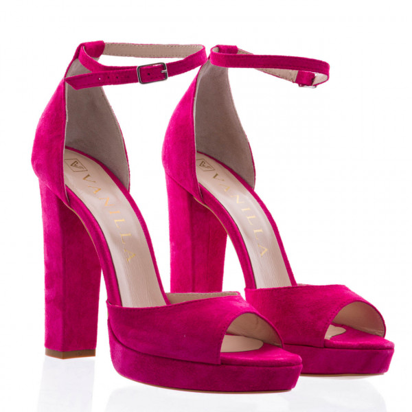 Sandale Oslo cu toc gros, piele naturala intoarsa, fucsia