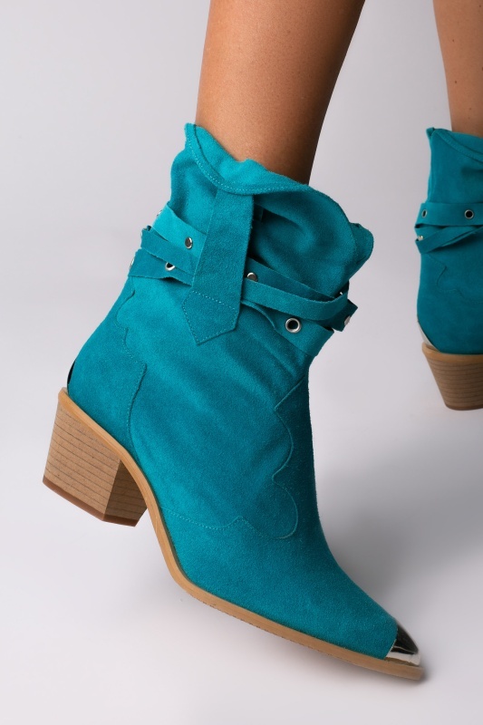 Ciocate Emira piele intoarsa turcoaz cu accesorii argintii