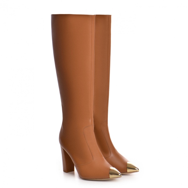 Cizme Valerie cu toc gros, maro,cu accesoriu auriu