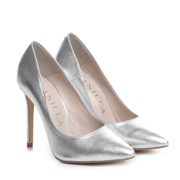 Pantofi Stiletto cu toc subtire Corina, piele naturala, argintii