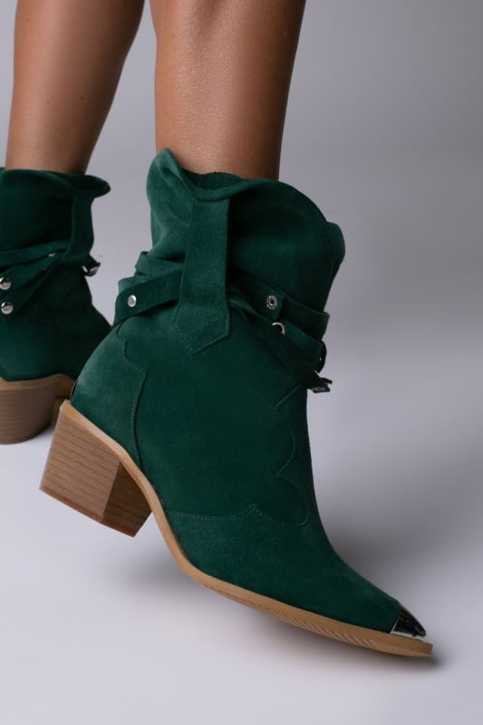 Ciocate Emira piele intoarsa verde inchis cu accesorii argintii si talpa bej