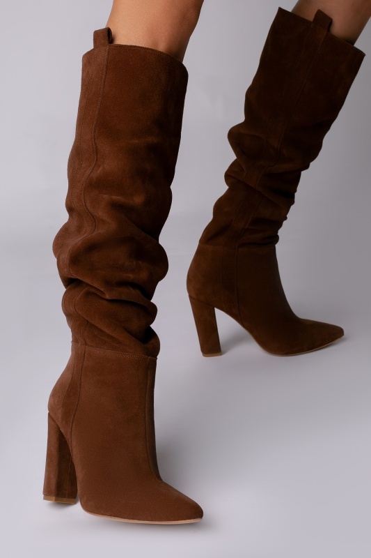 Cizme Sandy Dune Mirage cu toc inalt, gros, piele naturala intoarsa de culoare maro