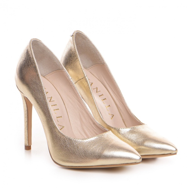 Pantofi Stiletto cu toc subtire Corina, piele naturala, aurii