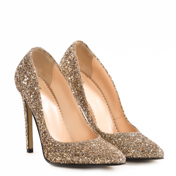 Pantofi Stiletto cu toc subtire Corina, sclipici auriu