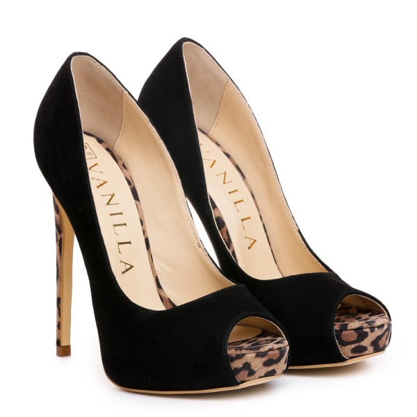 Sandale Barbados cu toc subtire, piele naturala, negre cu imprimeu leopard
