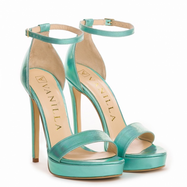 Sandale Viena Elegance cu toc subtire, piele naturala, turcoaz