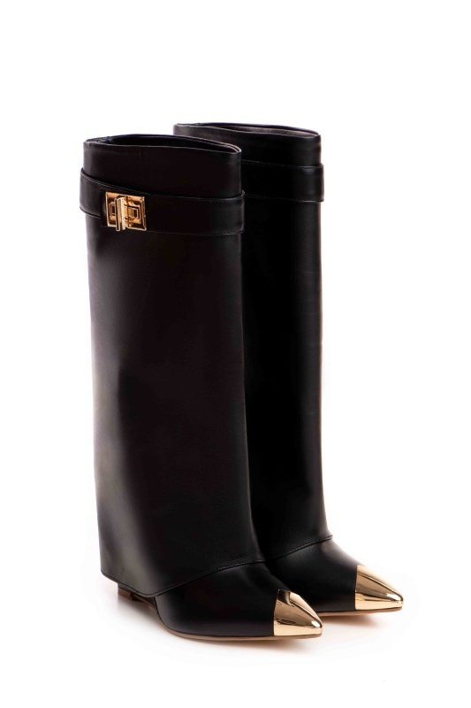 Cizme Morrigan cu toc pana, piele naturala, negre cu accesorii aurii