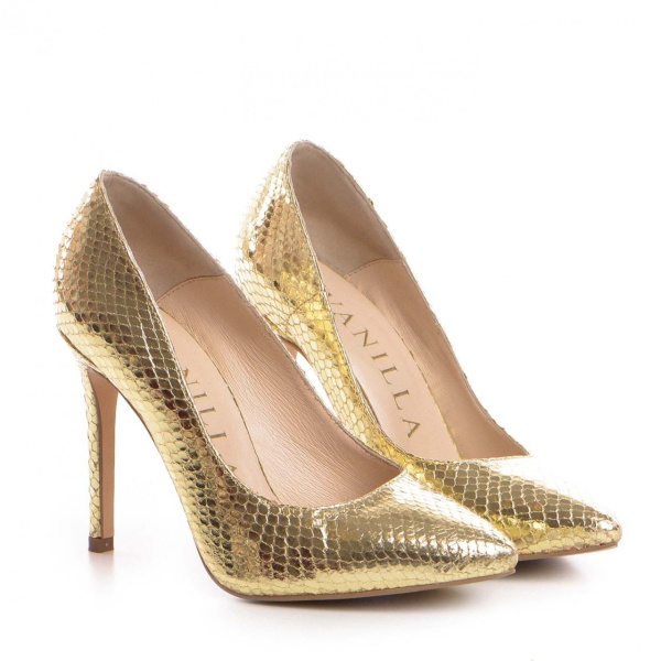 Pantofi Stiletto cu toc Corina imprimeu sarpe, aurii