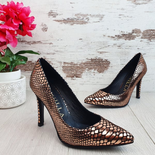 Pantofi Stiletto cu toc Eva Snake Print Sampanie