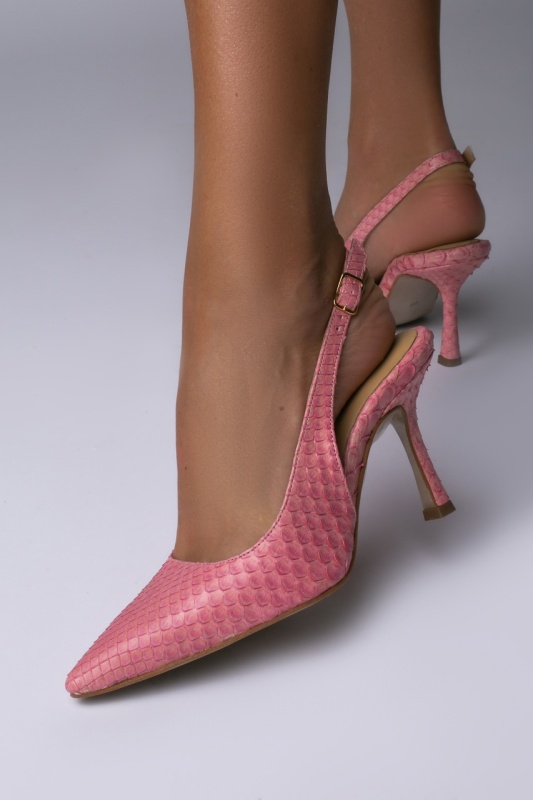 Pantofi Stiletto cu toc evazat Poison Rose, piele naturala piton, roz