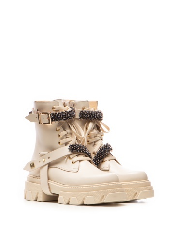 Bocanci Nadia din piele naturala crem, cu accesorii