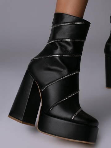 Ghete Sagaza piele naturala neagra cu toc gros si accesorii tip fermoar 2