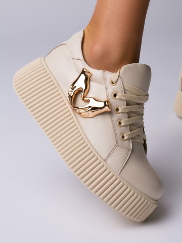 Pantofi casual Noa piele naturala crem si accesoriu auriu