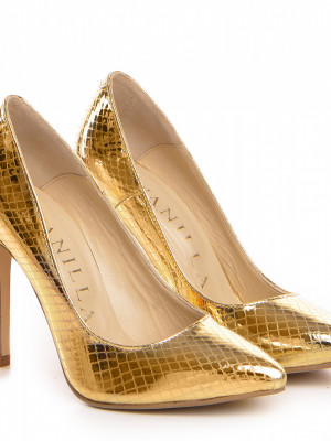 Pantofi Stiletto cu toc Corina imprimeu sarpe oglinda, aurii