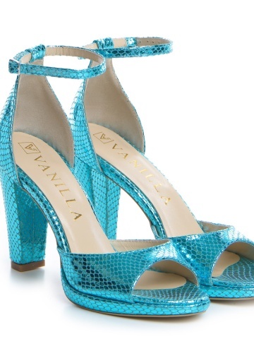 Sandale Oslo cu toc mic gros, piele naturala reptilis turcoaz