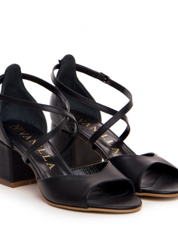 Sandale Praga cu toc mic gros, piele naturala, negre
