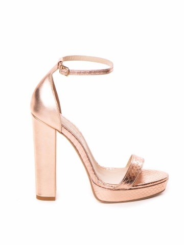 Sandale Viena cu toc gros, imprimeu sarpe, sampanie