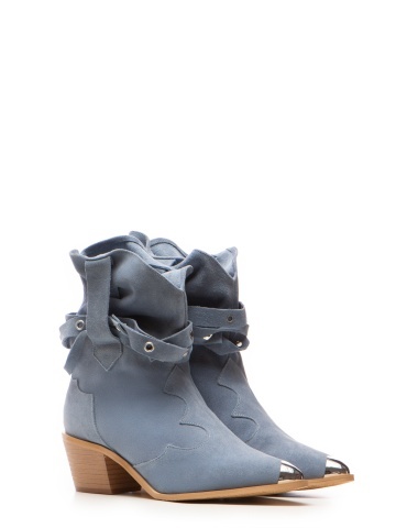 Ciocate Emira piele intoarsa albastru prafuit cu accesorii argintii si talpa bej