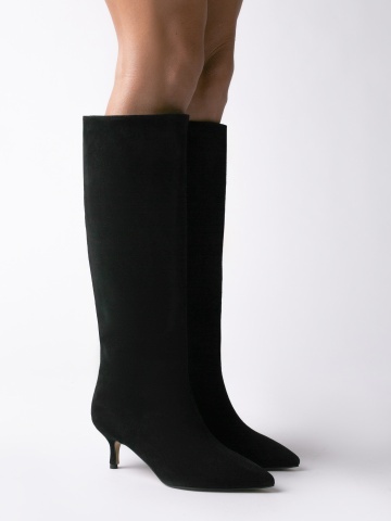 Cizme Allure cu toc kitten, piele intoarsa de culoare neagra