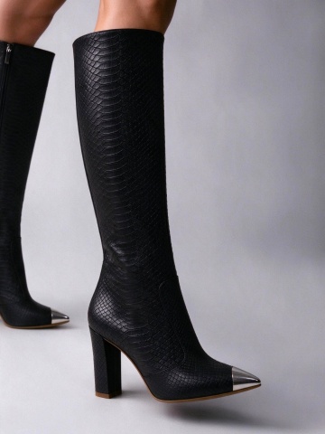 Cizme Valerie cu toc gros, piele naturala imprimeu, negre cu accesorii argintii