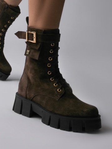 Ghete Alya din piele intoarsa maro cu accesorii aurii