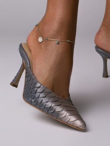 Pantofi Naomi piele naturala piton gri sidef cu toc mic evazat