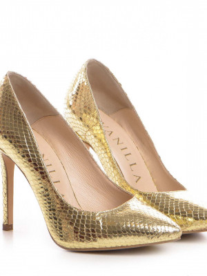Pantofi Stiletto cu toc Corina imprimeu sarpe, aurii