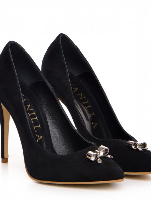 Pantofi Stiletto cu toc subtire, piele naturala intoarsa, neagra, cu accesorii argintii
