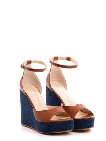 Platforme Stella piele naturala camel si denim