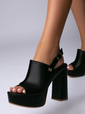 Saboti Ivona cu toc gros, piele naturala neagra si accesorii aurii