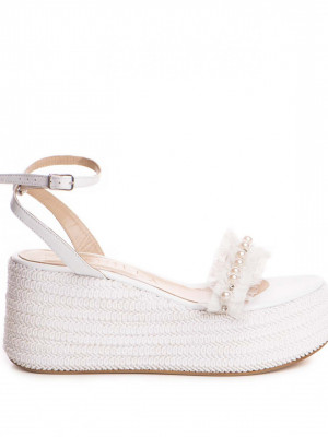 Sandale cu platforma Aveline albe cu perle