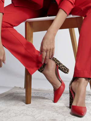 Pantofi Stiletto cu toc gros Adal, piele naturala rosie si imprimeu leopard