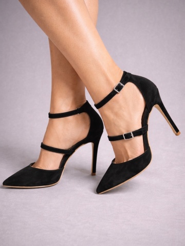 Pantofi Stiletto cu toc subtire Dora, piele naturala intoarsa, negri