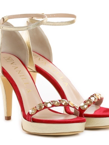 Sandale Incomparable Swarovski Crystals auriu piele intoarsa rosie