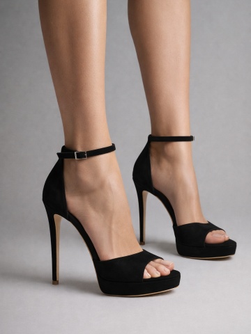 Sandale Oslo cu toc subtire, piele naturala intoarsa, negre