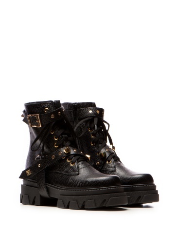 Bocanci Berta Piele Bizonata Neagra cu Accesorii Aurii